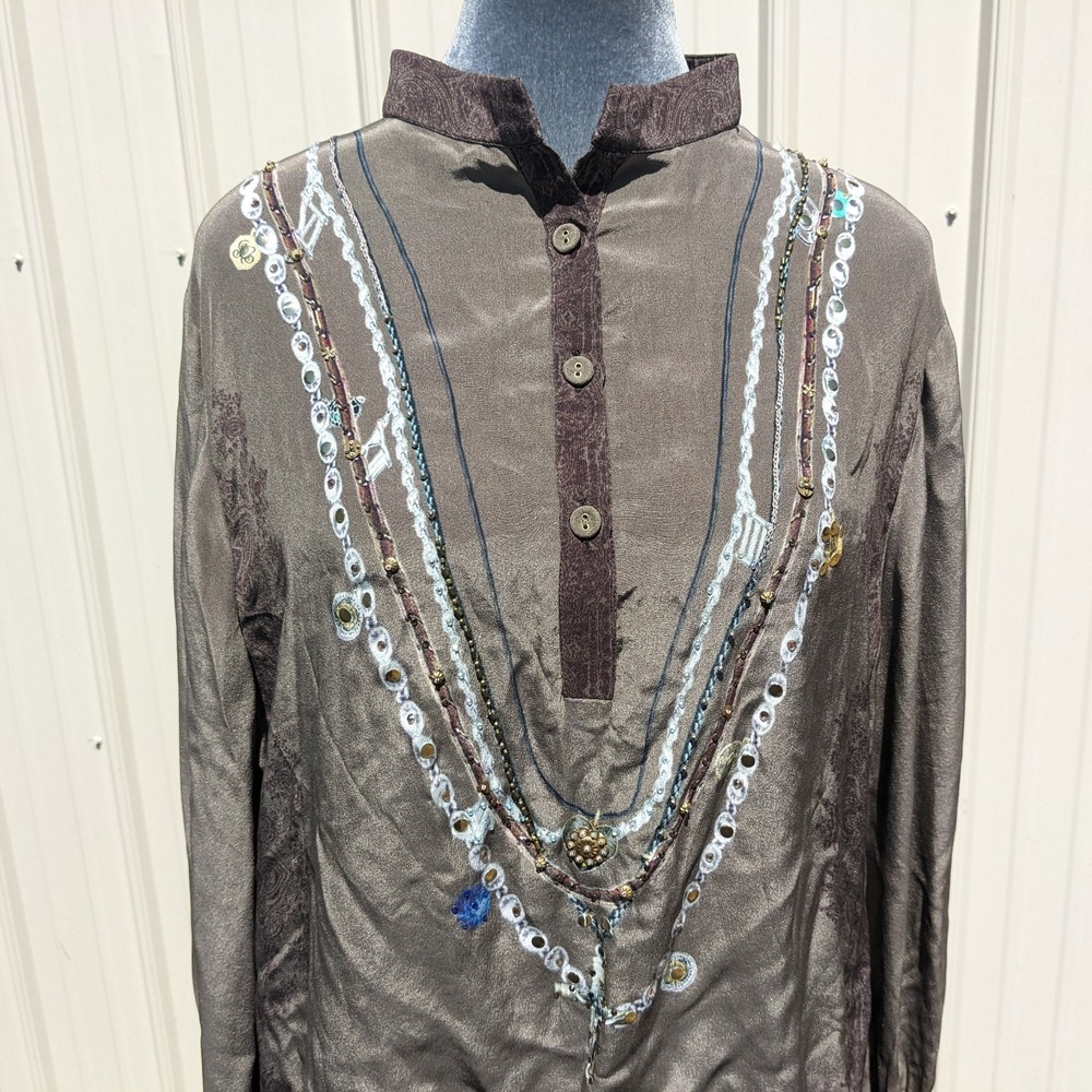 Camilla Embellished Silk Tunic Blouse L Gothic Studded Beaded Rosary Cross FLAW - Picture 2 of 16